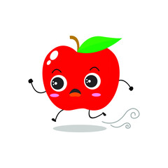Vector illustration of a flat red apple character with cute run in hurry expression isolated on white background, collection of simple minimal style, fresh fruit for mascot, emoticon