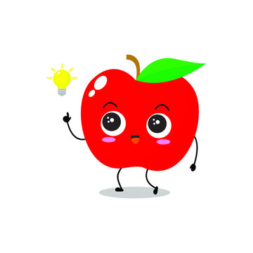 Vector illustration of a flat red apple character with cute smart and get an idea expression isolated on white background, collection of simple minimal style, fresh fruit for mascot, emoticon