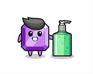 cute purple gemstone cartoon with hand sanitizer