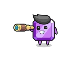 cute purple gemstone character is holding an old telescope