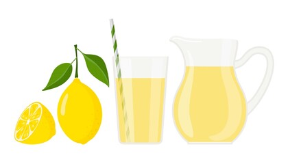 Lemonade or lemon juice. Glass and jug of lemonade, lemon fruit. Summer yellow cocktail. Drink Advertising for pub, bar, restaurant menu, party decor, beverage template