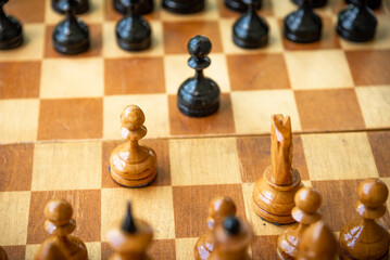 Old street chess, start of the game, top view, close-up, selective focus