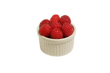 Fresh ripe raspberries in a white bowl on white background, isolated, vitamin