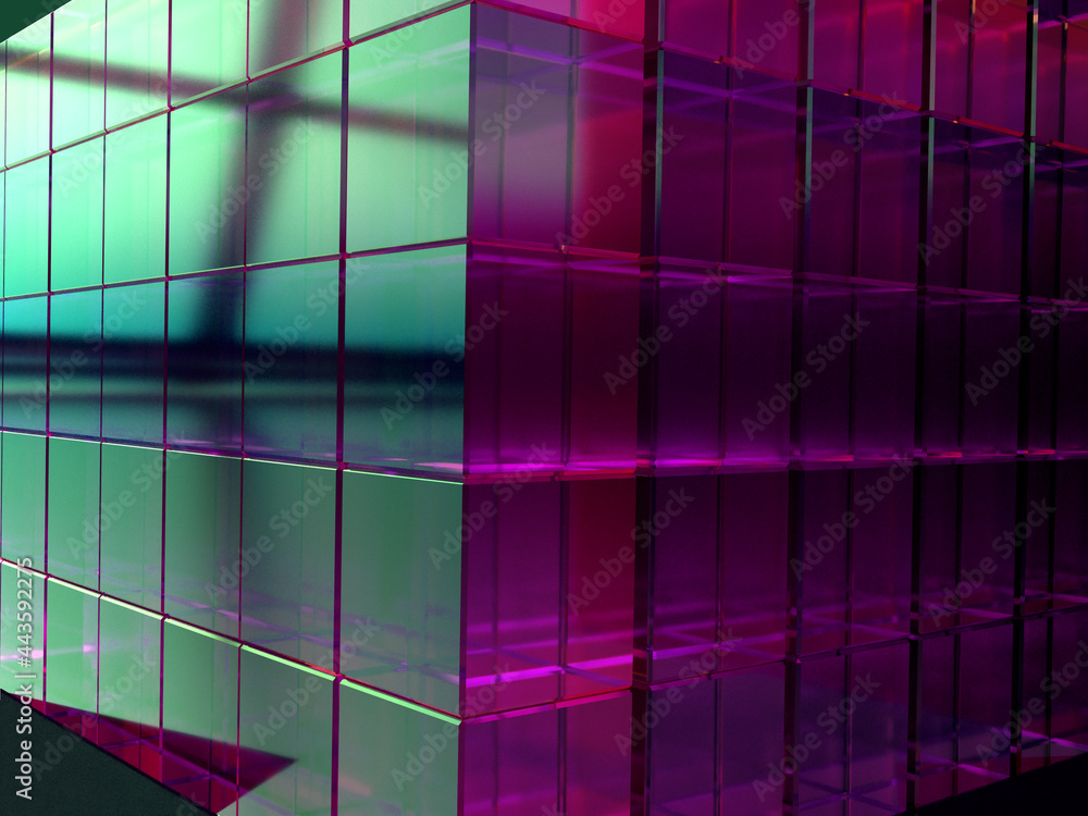 Poster 3d rendered ordered blocks with purple and green colors on dark background. illustration for data st