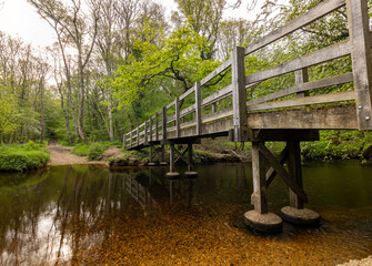 Wooden footbridge over a river and ford with distant path rising up a hill in the New Forest, Lymington, Hampshire, UK