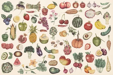 Fotobehang Hand drawn vegetables and fruits patterned background illustration © Rawpixel.com