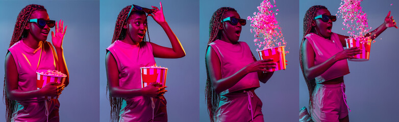 Collage of four portraits of young pretty african female with popcorn isolated over gray studio...