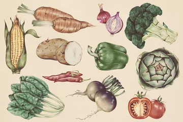 Fototapete Retro Hand drawn vegetable pattern illustration