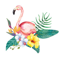 Obraz na płótnie Canvas Hand drawn flamingo bird with tropical flowers