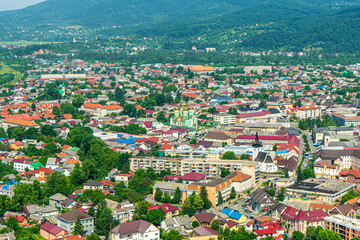 Panoramic view of Kust city from Khust castle in Khust, Ukraine on June 24, 2021.