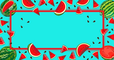 National watermelon day. Banner with whole and sliced, half and quarter of watermelons. Cartoon style. Watermelon day. Rectangular template. Vector illustration isolated on blue background.