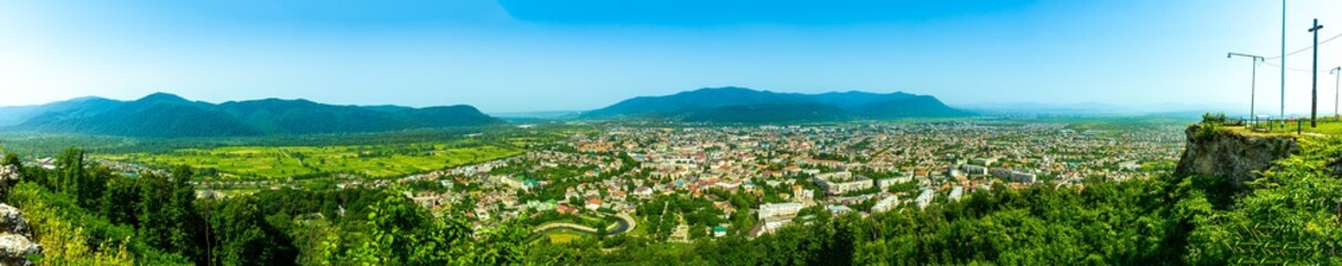 Panoramic view of Kust city from Khust castle in Khust, Ukraine on June 24, 2021.