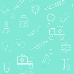 Fototapeta na wymiar Pattern with medical supplies, vector illustration. Seamless pattern with white elements of medicine on a mint background.