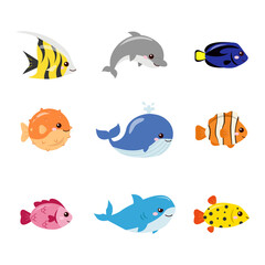 Group of cute ocean fish. Underwater animals. Flat vector cartoon design