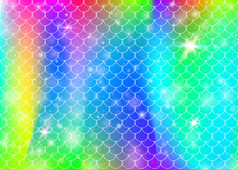 Rainbow scales background with kawaii mermaid princess pattern.