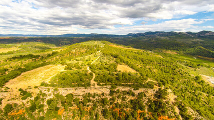 Naklejka premium aerial views of the ebro river with boats and villages