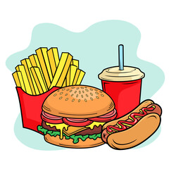 vector illustration of fast food include burger hotdog french fries and drink isolated on smooth background