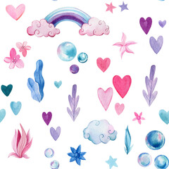 Seamless pattern, background with rainbow, heart, cloud and stars, watercolor drawing