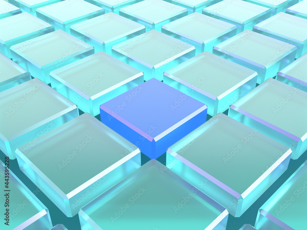 Aufkleber 3d rendered transparent cubes with a highlighted blue part on a light background. illustration for b