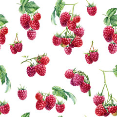 Seamless pattern, berry background, branches of raspberries, watercolor botanical illustration