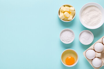 Baking or cooking background. Ingredients, kitchen items for baking