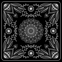 Black and white abstract bandana print with  element henna style. Square pattern design for pillow, carpet, rug. Design for silk neck scarf, kerchief, hanky