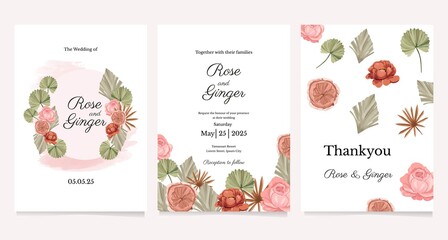 Elegant wedding invitation card with beautiful floral and leaves 