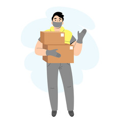 Safe delivery service concept, delivery home and office, stay home. Male courier masked and gloved  during the quarantine.  Vector illustration in flat style