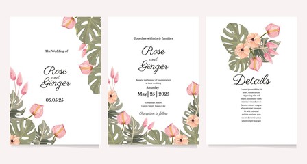 tropical flower wedding invitation template set