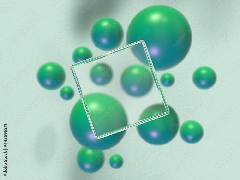 Aufkleber 3d rendered composition of green ball spheres and a square glass object on a green background. illus