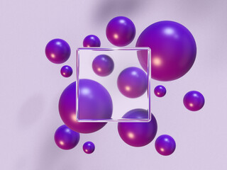  3D rendered composition of purple ball spheres and a square glass object on a green background. Illustration for abstract data systems, math ratios, or divisions. Visualization for information. 