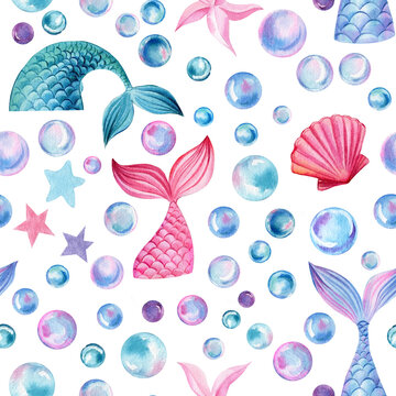 Seamless pattern, sea background with mermaid tails, bubbles, seashells, starfish, watercolor drawing