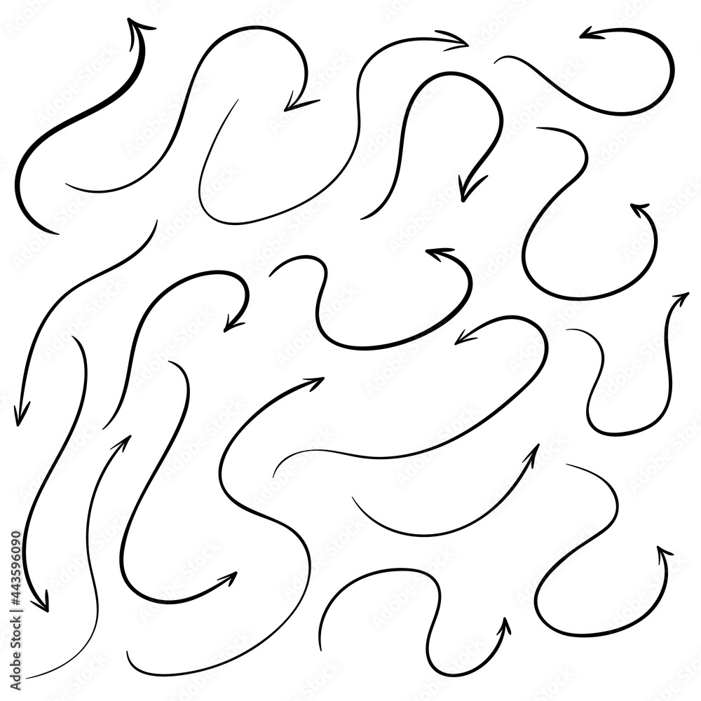 Poster set of vector curved arrows hand drawn. sketch doodle style. collection of pointers.