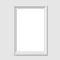 White blank picture frame, realistic vertical picture frame, A4. Empty white picture frame mockup template isolated. Vector illustration