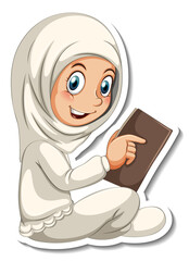A sticker template with Muslim girl reading a book cartoon character