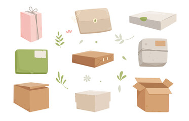 Box cardboard icons set cartoon vector. Carton delivery package