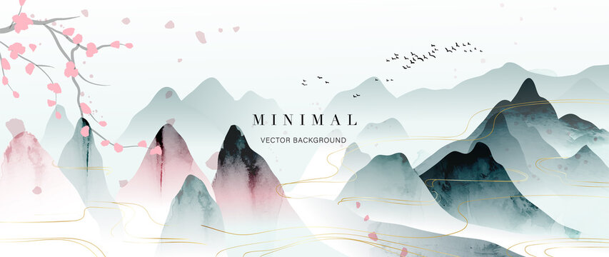 mountain and golden line arts background vector. Oriental Luxury landscape background design with watercolor brush and gold line texture. Wallpaper design, Wall art for home decor and prints.