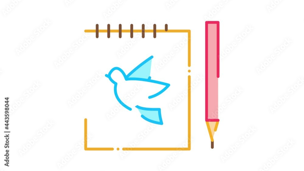 Aufkleber notebook pen bird icon animation. color notebook pen bird animated icon on white background
