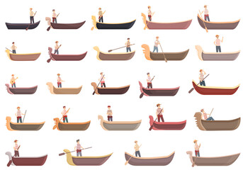 Gondolier icons set cartoon vector. Venice bridge gondola. Canal man boat - obrazy, fototapety, plakaty