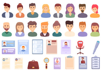 Candidate icons set cartoon vector. Work man. Team agreement job