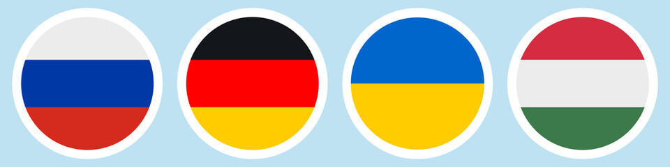 Flags of countries. Russia, Germany, Ukraine, Hungary. Collection of stickers on a white backing. Horizontal lines. Set of vector icons. Isolated background. National symbol of the state. 