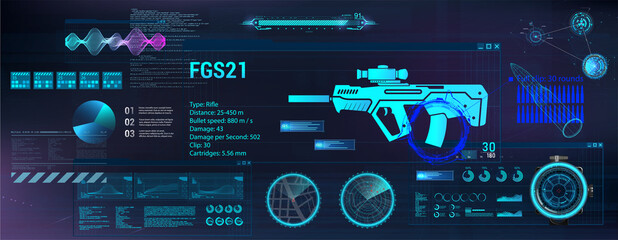 Military user interface with data and scans of weapons in the HUD style. Military control center HUD, GUI. Futuristic automatic rifle with telescopic sight for game and GUI. HUD military display.