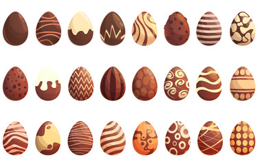 Chocolate eggs icons set cartoon vector. Easter candy. Decorated chocolate eggs