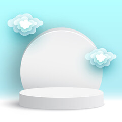 Blank round podium with clouds. White pedestal. Cosmetic products display platform. Exhibition stand. Vector illustration.