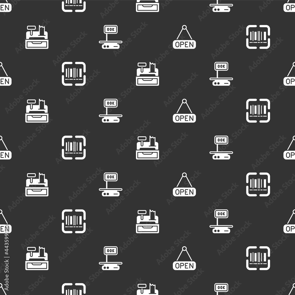 Poster set hanging sign with open, scanner scanning bar code, cash register machine and electronic scales o