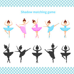 Shadow matching printable worksheet. Educational game for toddlers with cute ballerinas. It can be used for kindergarten and preschool. Children pastime page.
