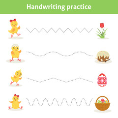 Fototapeta premium Handwriting worksheet for children with cute chickens. Educational printable page for kindergarten and preschool. Tracing dashed lines for handwriting practice