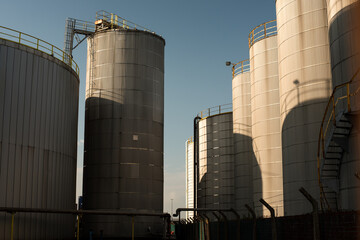 Port terminal with silos for grain storage.