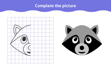 Complete the picture. Educational game, reflection image for toddlers. Symmetrical worksheet with raccoon face for kindergarten and preschool. Children pastime, traning for visual perception