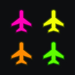 Airplane four color glowing neon vector icon